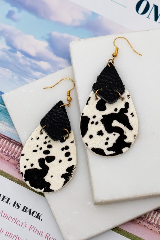 Black and White Leather Teardrop Earrings