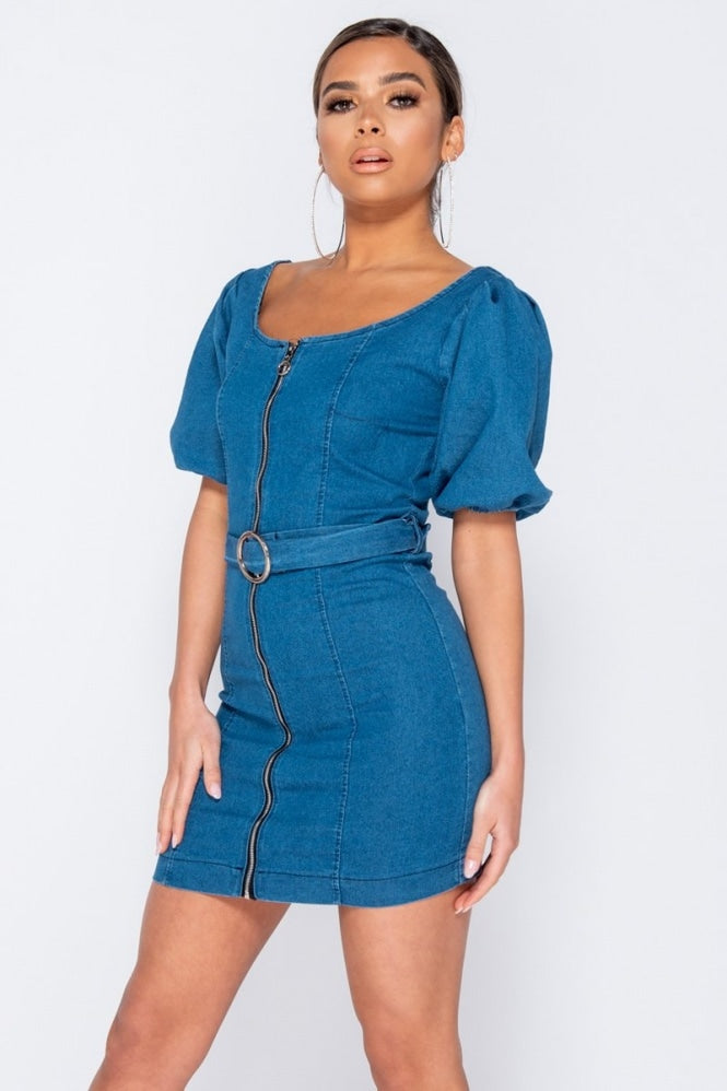 Denim Mini Dress with Puff Sleeve & Front Zipper/Belt